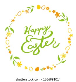 Happy Easter Hand drawn calligraphy and brush pen lettering. Circle line with Easter eggs and flowers.Vector illustration.