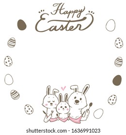 Happy Easter Hand drawn calligraphy and brush pen lettering. With bunny family. Vector illustration on white background.