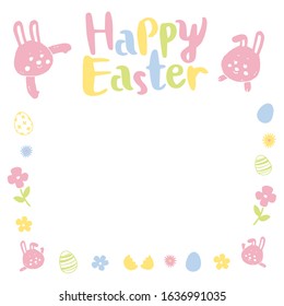 Happy Easter Hand drawn calligraphy and brush pen lettering. With easter eggs, bunny and flowers. For kids. Vector illustration on white background.