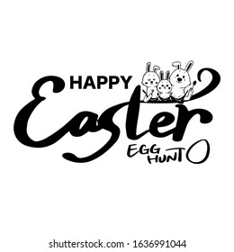 Happy Easter Hand drawn calligraphy and brush pen lettering. With bunny family. Vector illustration on white background.