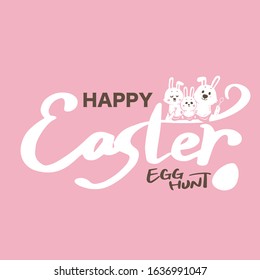 Happy Easter Hand drawn calligraphy and brush pen lettering. With bunny family. Vector illustration on pink background.