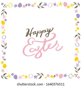Happy Easter Hand drawn calligraphy and brush pen lettering. Lines with Easter eggs and flowers.Vector illustration.