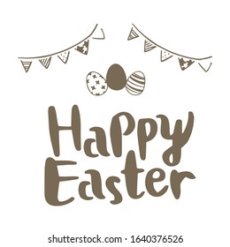 Happy Easter Hand drawn calligraphy and brush pen lettering. With easter eggs, bunny and flowers. For kids. Vector illustration on white background.