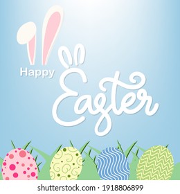 Happy Easter Hand drawn calligraphy and egg on blue background ,Vector Illustration EPS 10