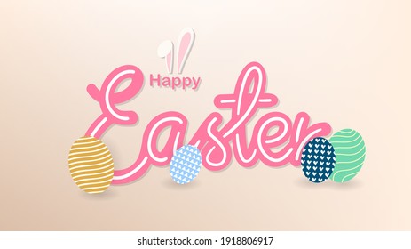Happy Easter Hand drawn calligraphy with Rabbit ears t and egg on Pastel background ,Vector Illustration EPS 10