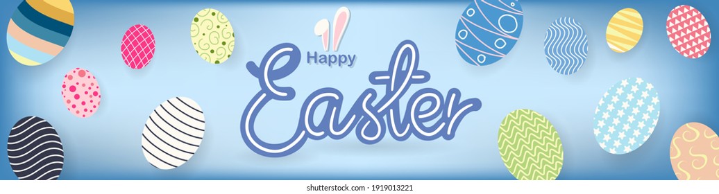 Happy Easter Hand drawn calligraphy and egg on blue Banner background ,Vector Illustration EPS 10