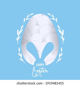 Happy Easter Hand drawn calligraphy with rabbit and egg on blue background ,Vector Illustration EPS 10