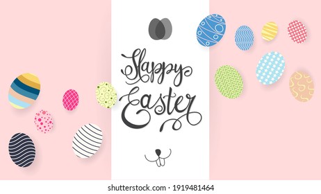 Happy Easter Hand drawn calligraphy with egg on Pastel background ,Vector Illustration EPS 10