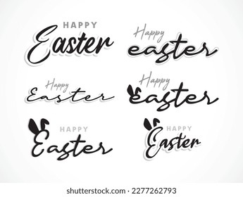 happy Easter Hand drawn calligraphy and brush pen lettering. design for holiday greeting card and invitation, banner. Trendy design with typography, bunny ears, in pastel colors. Modern minimal 