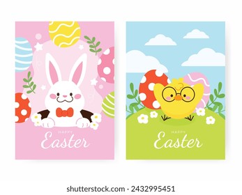 Feliz Pascua dibujado a mano tarjeta de fondo vector. Lindo juego de cubierta de pollito amarillo, conejo blanco, huevos de Pascua, conejito, flor, hoja. Ilustración de vacaciones de primavera para banner, tarjeta de felicitación, volante.