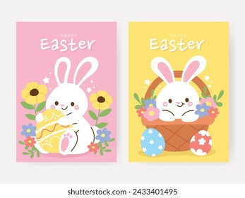 Feliz Pascua dibujado a mano tarjeta de fondo vector. Lindo juego de cubierta de conejo blanco encantador, huevos de Pascua, conejito, flor, hoja, cesta. Ilustración de vacaciones de primavera para banner, tarjeta de felicitación, volante.