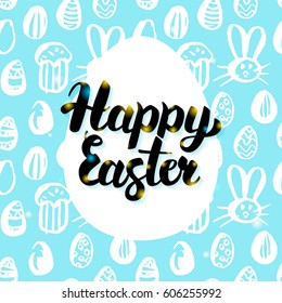 Happy Easter Hand Drawn Card. Vector Illustration of Spring Greeting Postcard with Calligraphy.