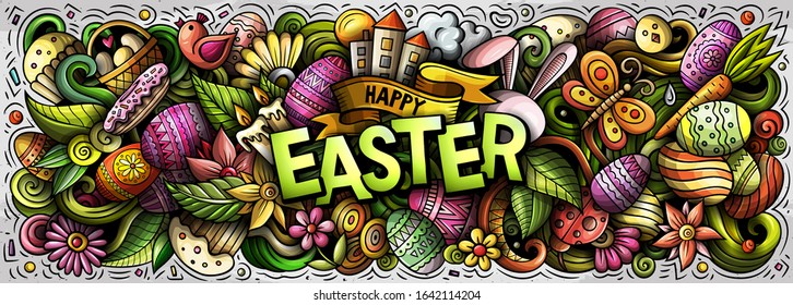 Happy Easter hand drawn cartoon doodles illustration. Holiday funny objects and elements poster design. Creative art background. Colorful vector banner
