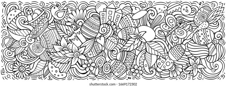 Happy Easter hand drawn cartoon doodles illustration. Holiday funny objects and elements poster design. Creative art background. Sketchy vector banner