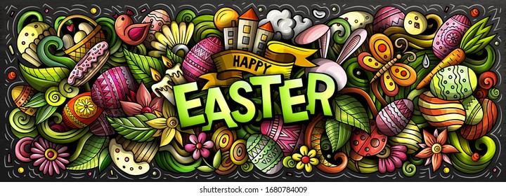 Happy Easter hand drawn cartoon doodles illustration. Holiday funny objects and elements poster design. Creative art background. Colorful vector banner