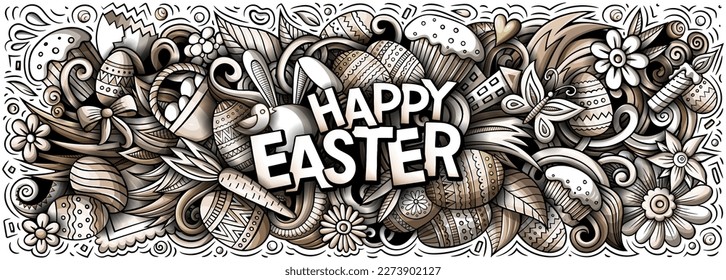 Happy Easter hand drawn cartoon doodles illustration. Holiday funny objects and elements poster design. Creative art background. Graphics vector banner