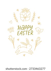 Happy Easter hand drawn celebration phrase with bunny, tulips drawing. Line art vector illustration with flowers isolated on white. Doodle spring clipart for holiday greeting card, banner, poster