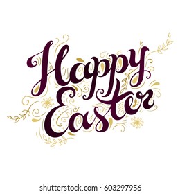 Happy Easter hand drawn celebration quote. Freehand lettering and golden colors decorative flourish elements. Doodle style handwritten greeting. Vector illustration.