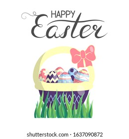 Happy Easter hand drawn colorful  illustration with eggs basket in the grass and lettering. Cute floral holiday greeting card, invitation or poster template.