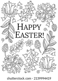 Happy Easter! Hand drawn coloring pages for kids and adults. Beautiful drawings with patterns and details. Spring coloring book pictures with blooming branches, flowers, smile, stickers, quotes