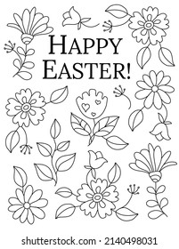 Happy Easter! Hand drawn coloring pages for kids and adults. Beautiful drawings with patterns and details. Spring coloring book pictures with blooming branches, flowers, smile, stickers, quotes