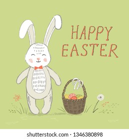 Happy Easter. Hand drawn cute bunny with Easter basket and lettering. Sweet Easter greeting vector illustration.