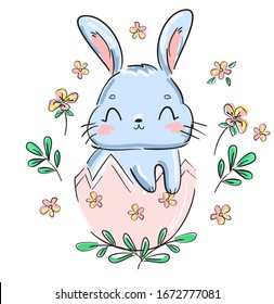 Happy Easter. Hand Drawn Cute Rabbit and egg. Bunny and flowers. Vector illustration. Print design.