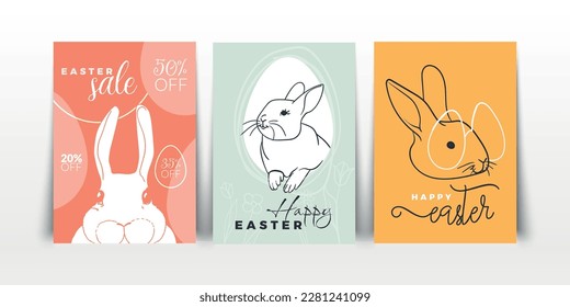 Happy Easter with hand drawn cute rabbit, doodle flowers and eggs on the background. Vector A4 format for sales posters. Playful font mix for Easter banners. 