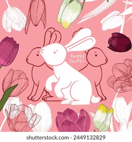 Happy Easter with hand drawn cute rabbit and flowers on a pink background. Awesome design for banners and visuals. 