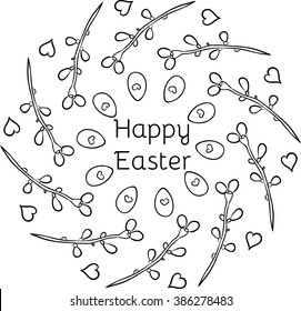 Happy Easter hand drawn cute colorful doodle vector circle illustration. White background. Traditional symbols