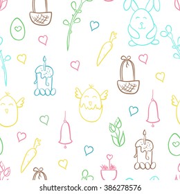 Happy Easter hand drawn cute colorful doodle vector seamless pattern. White background. Easter Egg, easter Bunny, Easter basket, willow twigs. Ideal for sites, brochure, textile, banners, paper etc