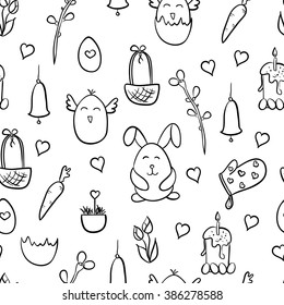 Happy Easter hand drawn cute colorful doodle vector seamless pattern. White background. Easter Egg, easter Bunny, Easter basket, willow twigs. Ideal for sites, brochure, textile, banners, paper etc