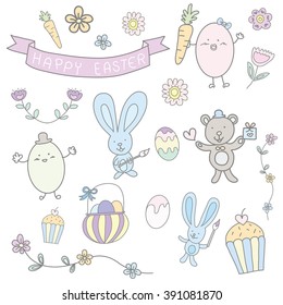 happy easter hand drawn cute pastel set vector