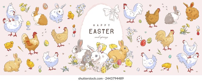 Glückliche Ostern Hand gezeichnete Dekoration Set mit Ostereiern, Hase, Huhn, Henne, Hahn und Blumen isoliert auf rosa Hintergrund. Vektorskizzenzeichnung