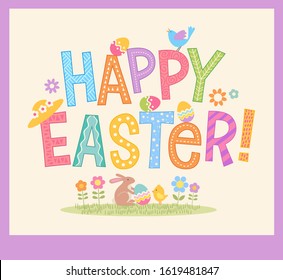 Happy Easter hand drawn decorative lettering design with Easter eggs, flowers, birds and bunny rabbit. For greeting cards, banners, flyers, etc.