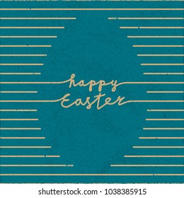 Happy Easter Hand Drawn Doodle Manner Logo and Blank Egg Shape Created by Repeating Horizontal Lines with Lettering - Beige Elements on Turquoise Rough Paper Background - Retro Style Graphic Design
