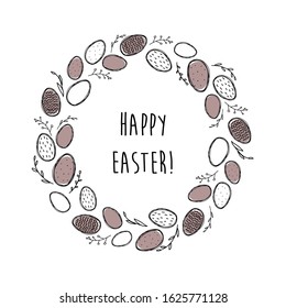Happy Easter. Hand drawn doodle wreath of eggs and plants in sketch style. Vector element isolated.