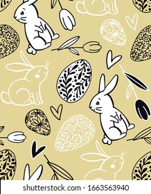 Happy easter! Hand drawn doodle pattern background fabric textile. Easter bunny, easter egg, easter holidays.