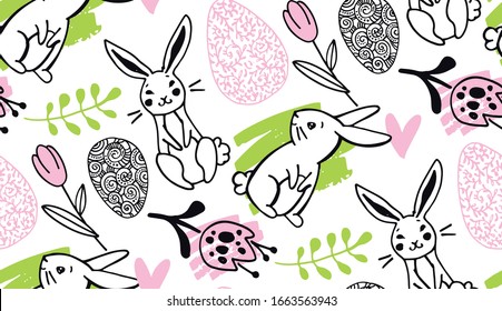   ¡Feliz Pascua! Tejido textil de fondo con motivos de doodle dibujado a mano. Conejo de Pascua, huevo de Pascua, vacaciones de Pascua.