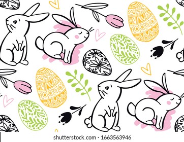 Happy easter! Hand drawn doodle pattern background fabric textile. Easter bunny, easter egg, easter holidays.