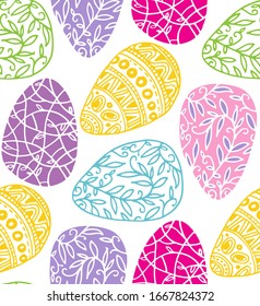 Happy easter! Hand drawn doodle pattern background fabric textile. Easter bunny, easter egg, easter holidays.