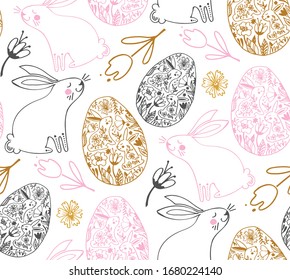 Happy easter! Hand drawn doodle pattern background fabric textile. Easter bunny, easter egg, easter holidays.