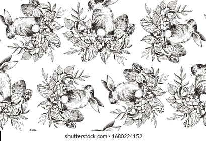 Happy easter! Hand drawn doodle pattern background fabric textile. Easter bunny, easter egg, easter holidays.