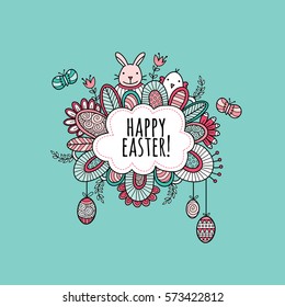 Happy Easter Hand Drawn Doodle Vector - Cute illustration of a cloud with the words happy easter surrounded by a bunny, chick, easter eggs, butterflies, swirls, and flowers