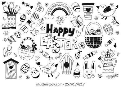 Happy Easter hand drawn doodles set. Easter elements, symbols for holiday decoration white background. Vector illustration  