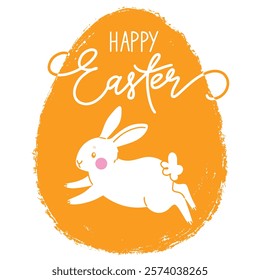 Happy Easter hand drawn egg background with cute rabbit. Colorful template Easter greeting card. Flat vector illustration.