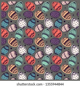 Happy Easter. Hand drawn eggs pattern. Hand sketched celebration background for poster, web design, banner, card, postcard, flyer, event icon logo or badge. Vector illustration.