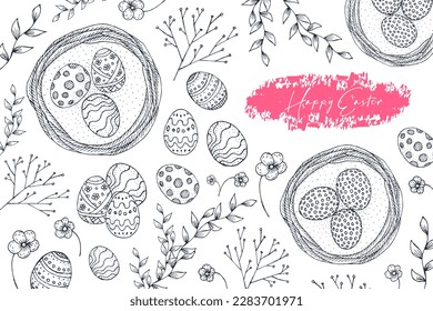 Joyeuses Pâques. OEufs de Pâques dessinés à la main, fleurs printanières et collection de branches. Dessin de style rétro