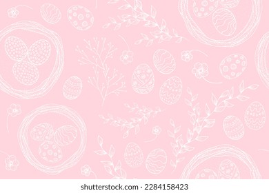 Feliz Pascua. Huevos dibujados a mano de Pascua, flores de primavera y colección de ramas. Esbozo de estilo retro. Fondo incomparable para las vacaciones