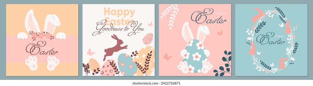 Happy Easter hand drawn festive posters, greeting cards, banners or holiday covers in flat style. Trendy vector design with cute bunny, Easter eggs, flowers, plants and text in pastel colors.